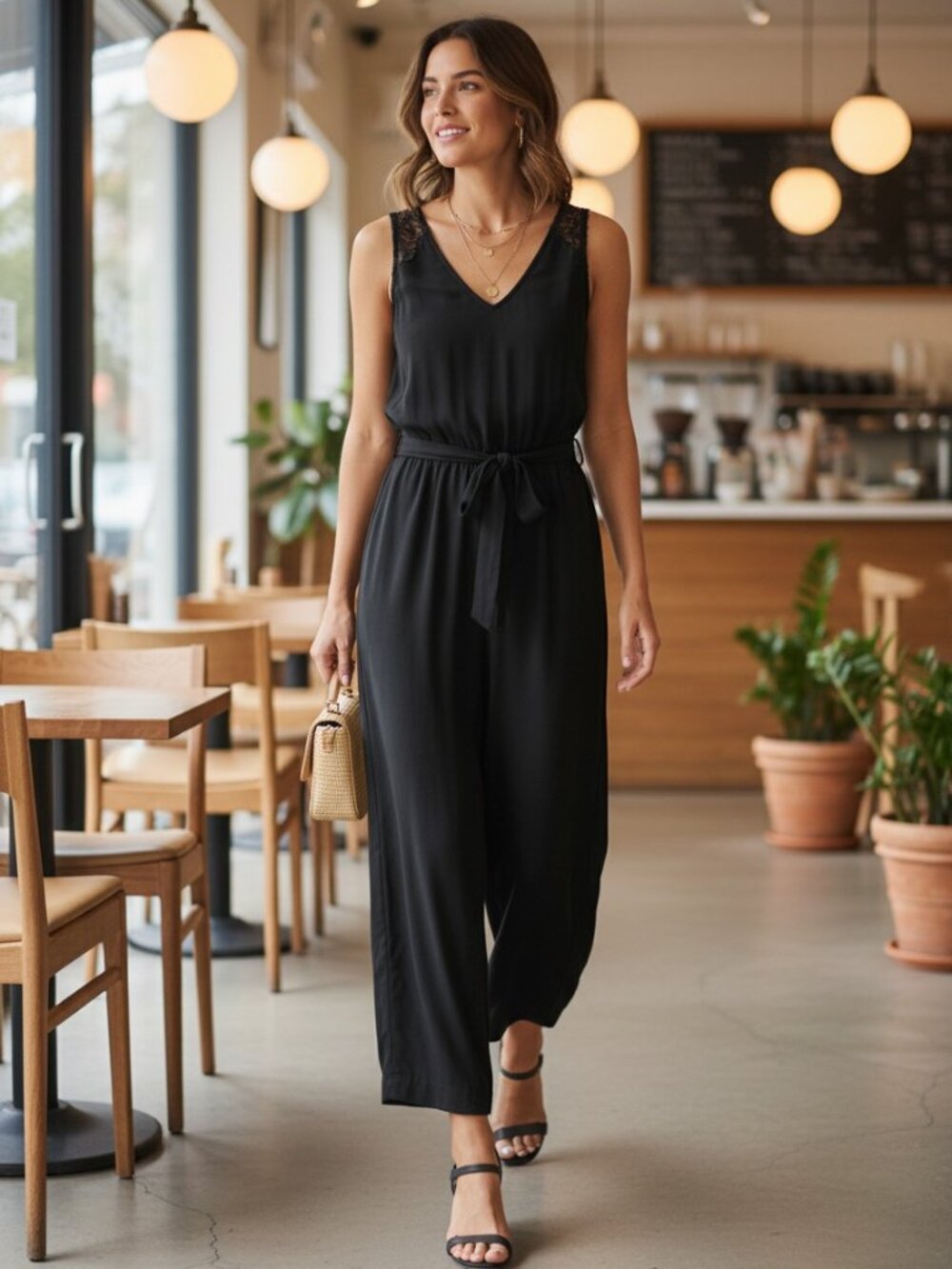 AllSaints Cate Black Wide Leg Jumpsuit Lace Strap V-Neck Date Night Feminine XS
